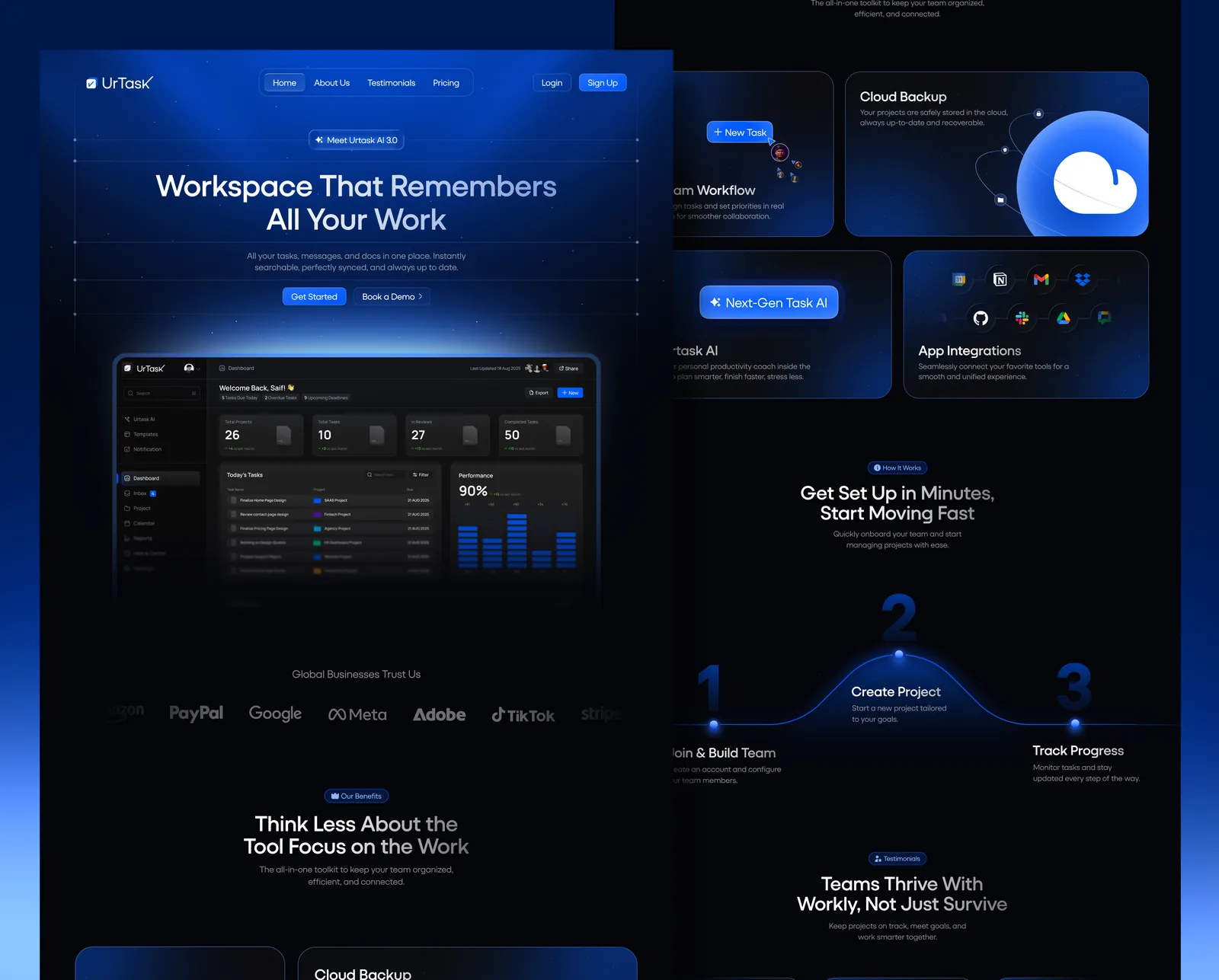 UrTask: A marketing site for a SaaS workspace that remembers your work, built to turn visitors into sign-ups.